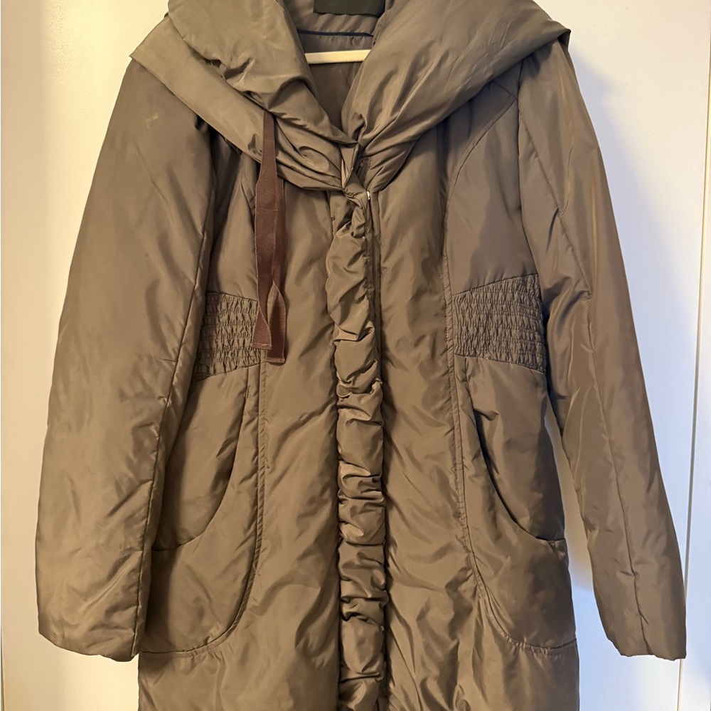 Tahari Taupe Hooded Puffer Coat